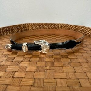 Justin Boots Black and Tan Belt with Silver Buckle